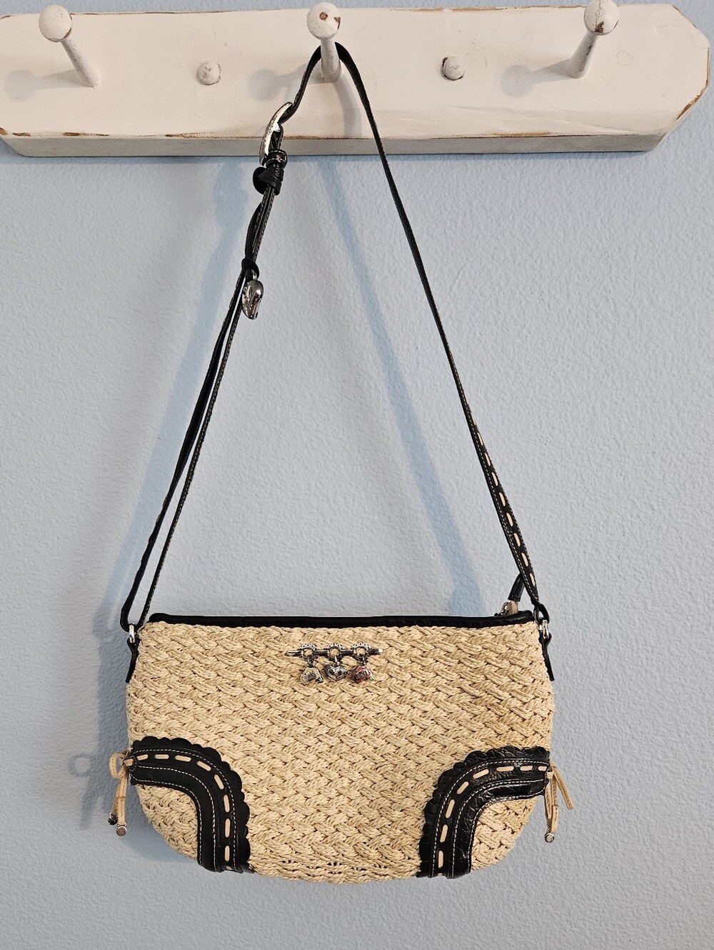 Brighton Woven Straw Crossbody Bag with Black Trim